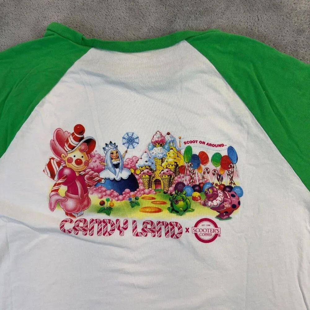 Scooters Coffee Shirt Unisex XL Green White 3/4 Raglan Baseball Candyland Promo